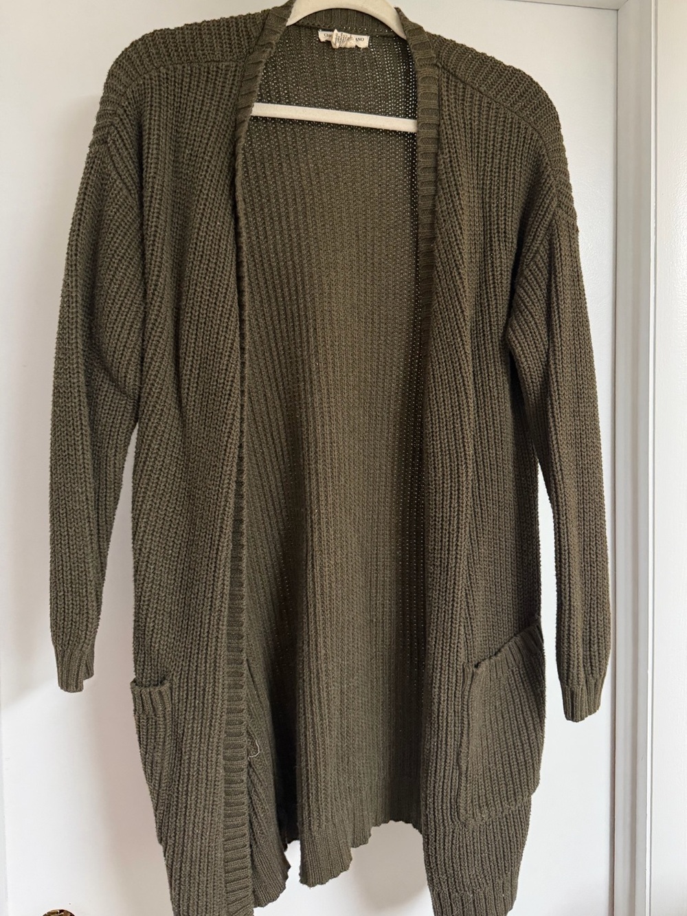 Christian Siriano Olive Green Open-Front Ribbed Cardigan
